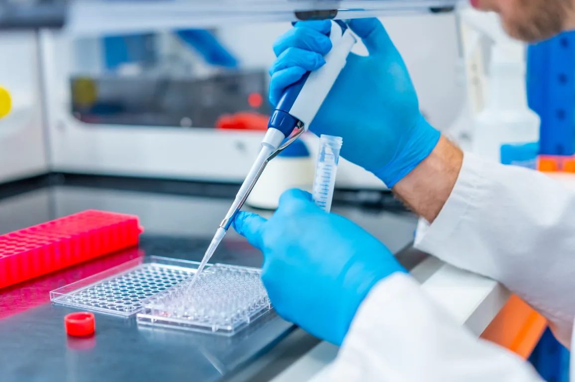 Laboratory work: pipetting samples into a multi-well plate